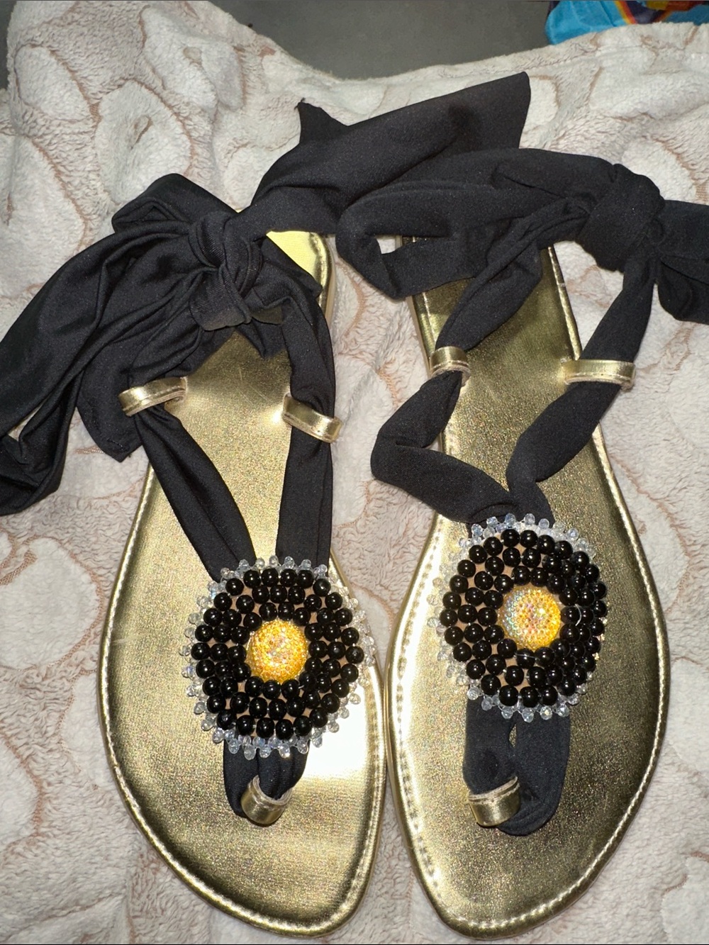Gold and Black Beaded Tie-Strap Women's Sandals